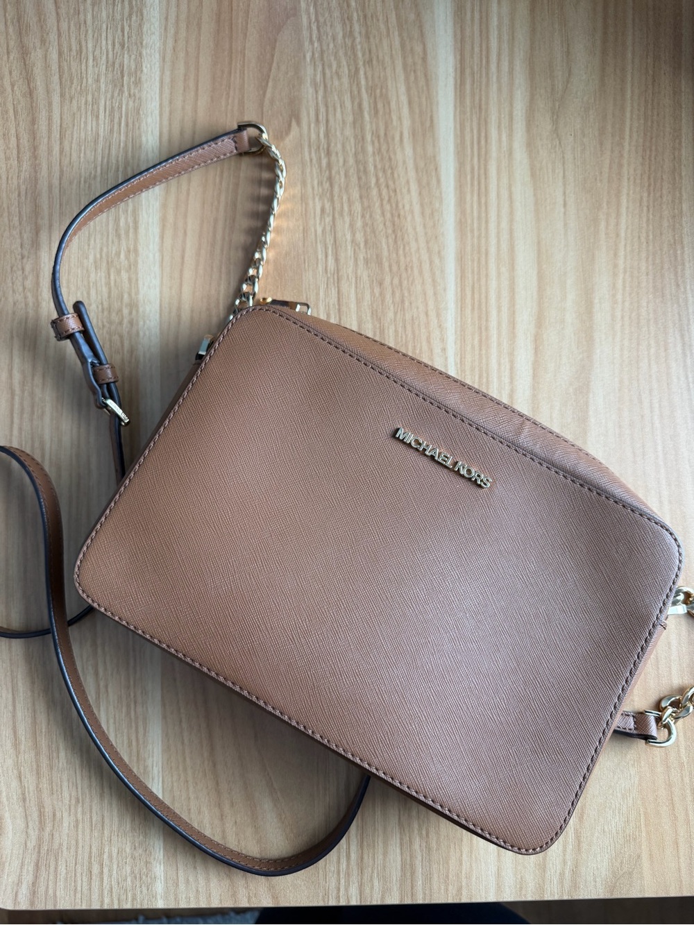 MICHAEL KORS Saffiano Leather Crossbody in Tan with Gold Hardware